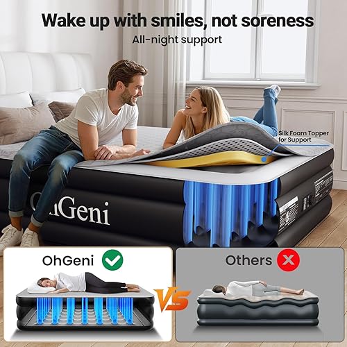 Miniatura 5 de OhGeni Colchón inflable de lujo de 18 pulgadas con bomba integrada, cama inflable con cubrecolchón de espuma de seda para una comodidad superior,