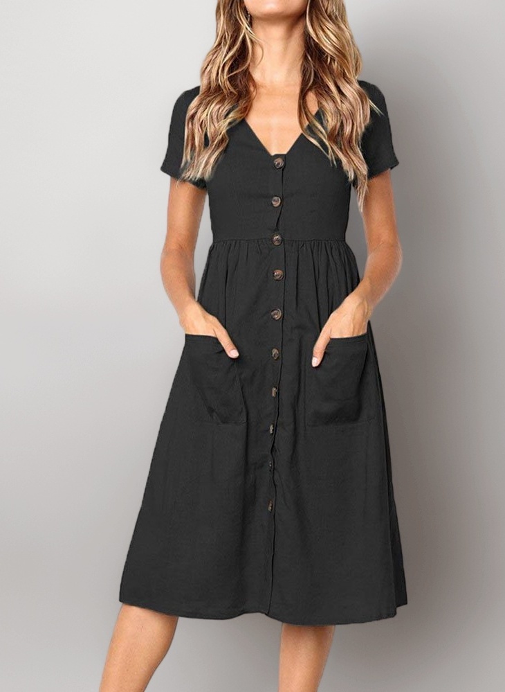Summer Dresses for Women Casual Midi Dress Short Sleeve Shirt Dress V Neck Button Decoration Swing A Line Tunic Dress with Pockets