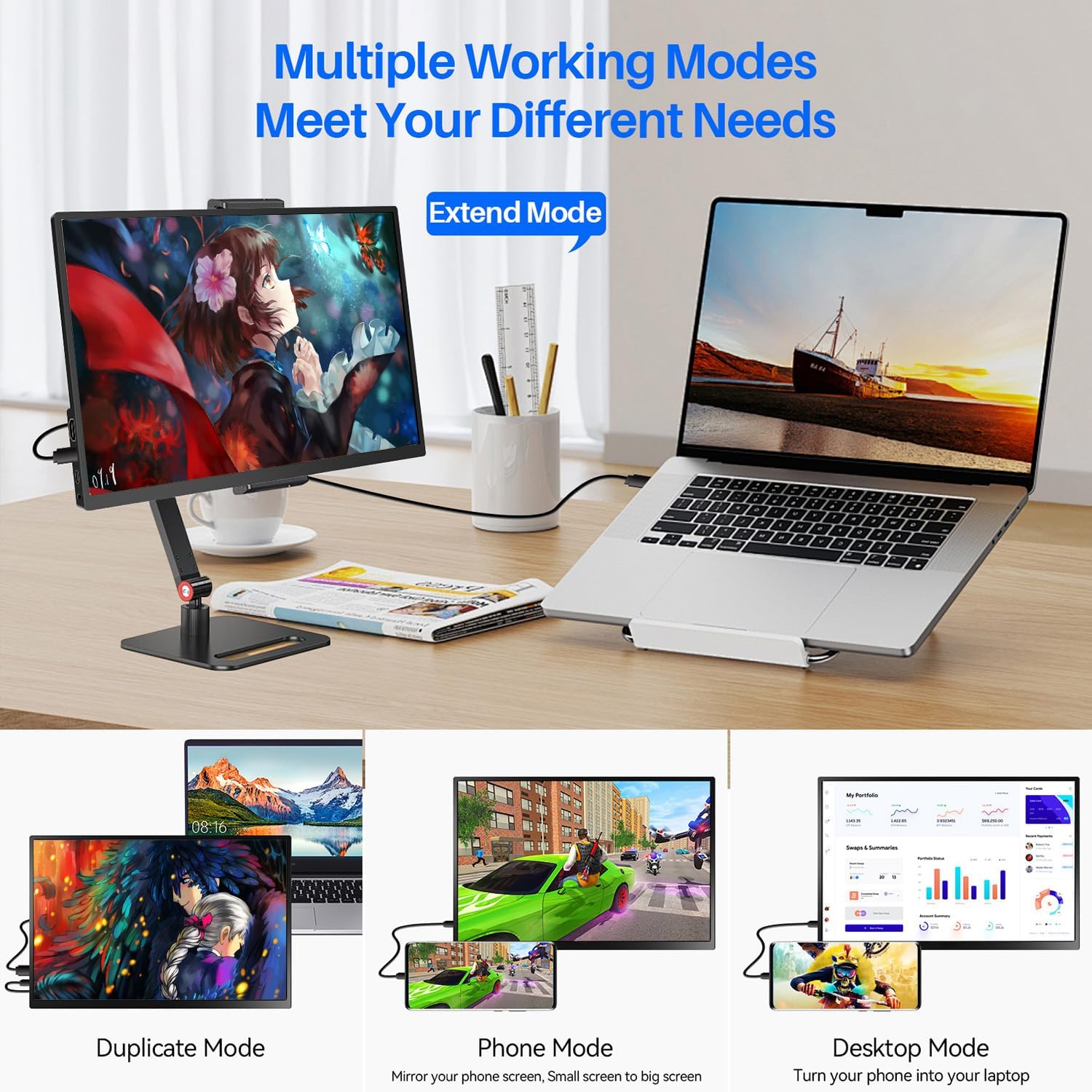 Touchscreen Portable Monitor 15.6 Inch 1920 * 1080P Slim FHD IPS Laptop Travel Sub-Monitor with Built-in Speakers and VESA for Laptop Mac PC PS4/5 Switch