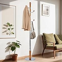 Vista 13 de Perchero de Madera de 73 Pulgadas, Perchero Independiente con Base Redonda Estable, Soporte de Perchero Tipo Árbol de Altura Ajustable para Hogar