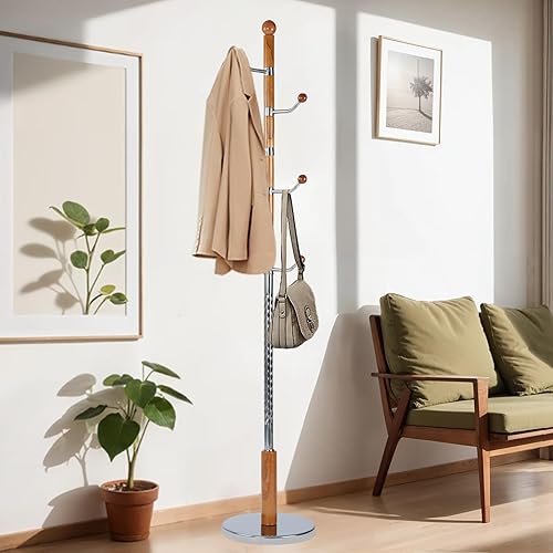 Miniatura 13 de Perchero de Madera de 73 Pulgadas, Perchero Independiente con Base Redonda Estable, Soporte de Perchero Tipo Árbol de Altura Ajustable para Hogar,