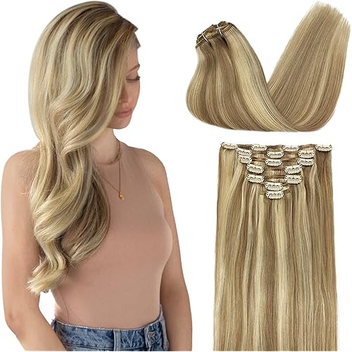 DOORES Hair Extensions Clip in Balayage Light Blonde Highlighted Golden Blonde 7pcs 24 Inch Clip in Human Hair Extensions Remy Natural Hair Extensions Straight Thick 120g
