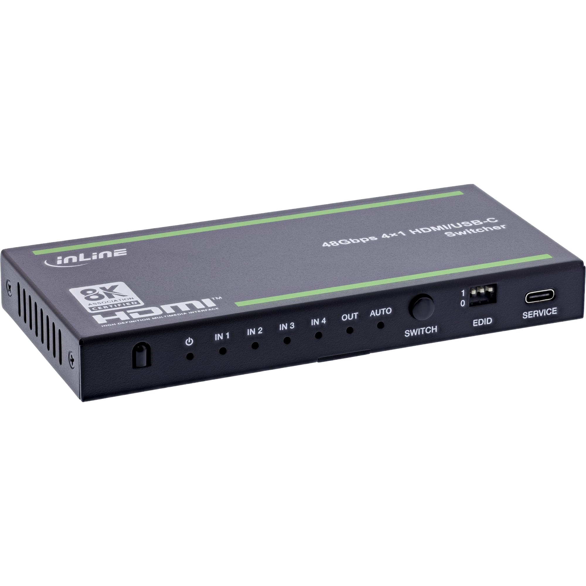 Inline Conmutador HDMI de 4 Puertos con USB-C, HDMI 2.1, 8 K @ 60 Hz, EDID, HDR10+, Dolby Vision, conmutación automática, Mando a Distancia por Infrarrojos, DisplayPort 1.4, 57885B