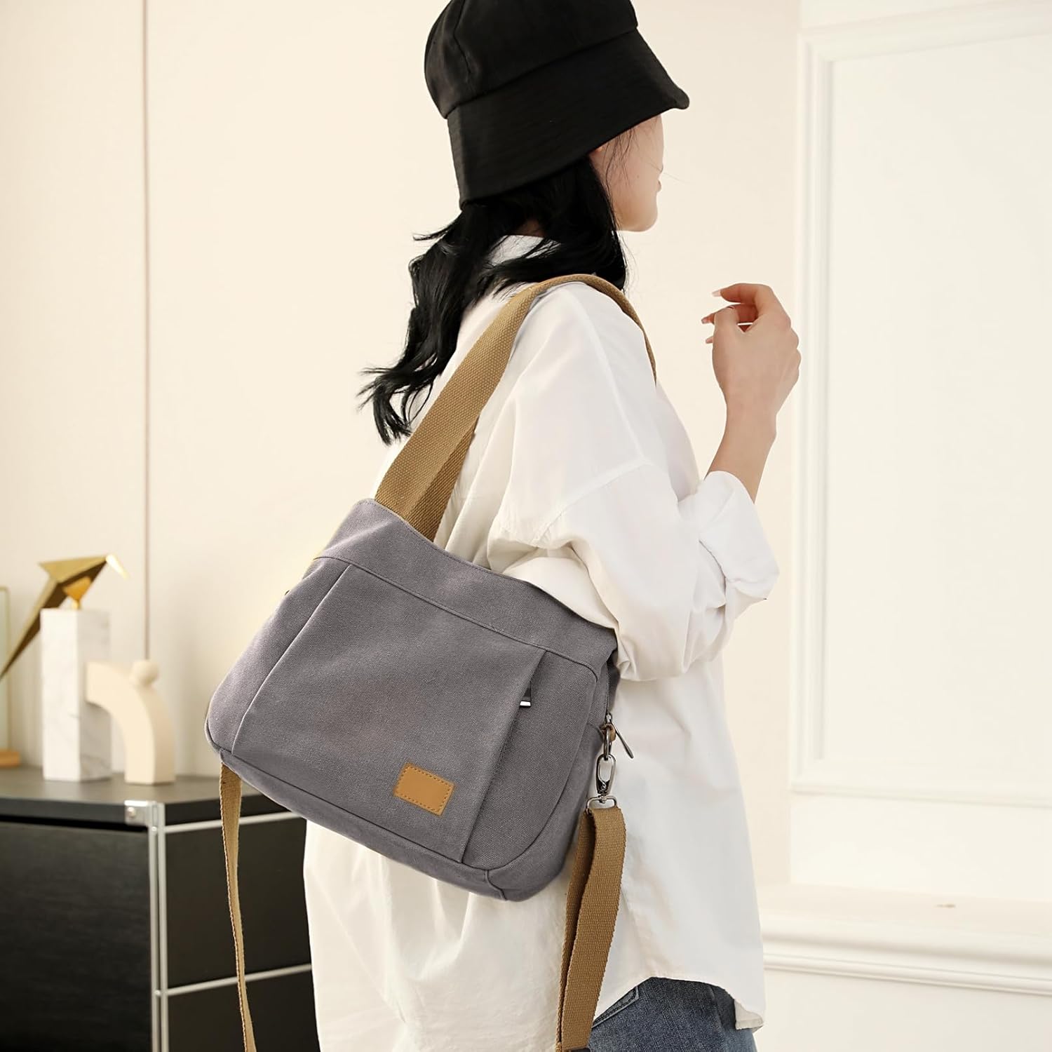 Sunshinejing Women's Canvas Purse Small Shoulder Tote Work Crossbody Bag Multi-pocket Handbag - Image 3