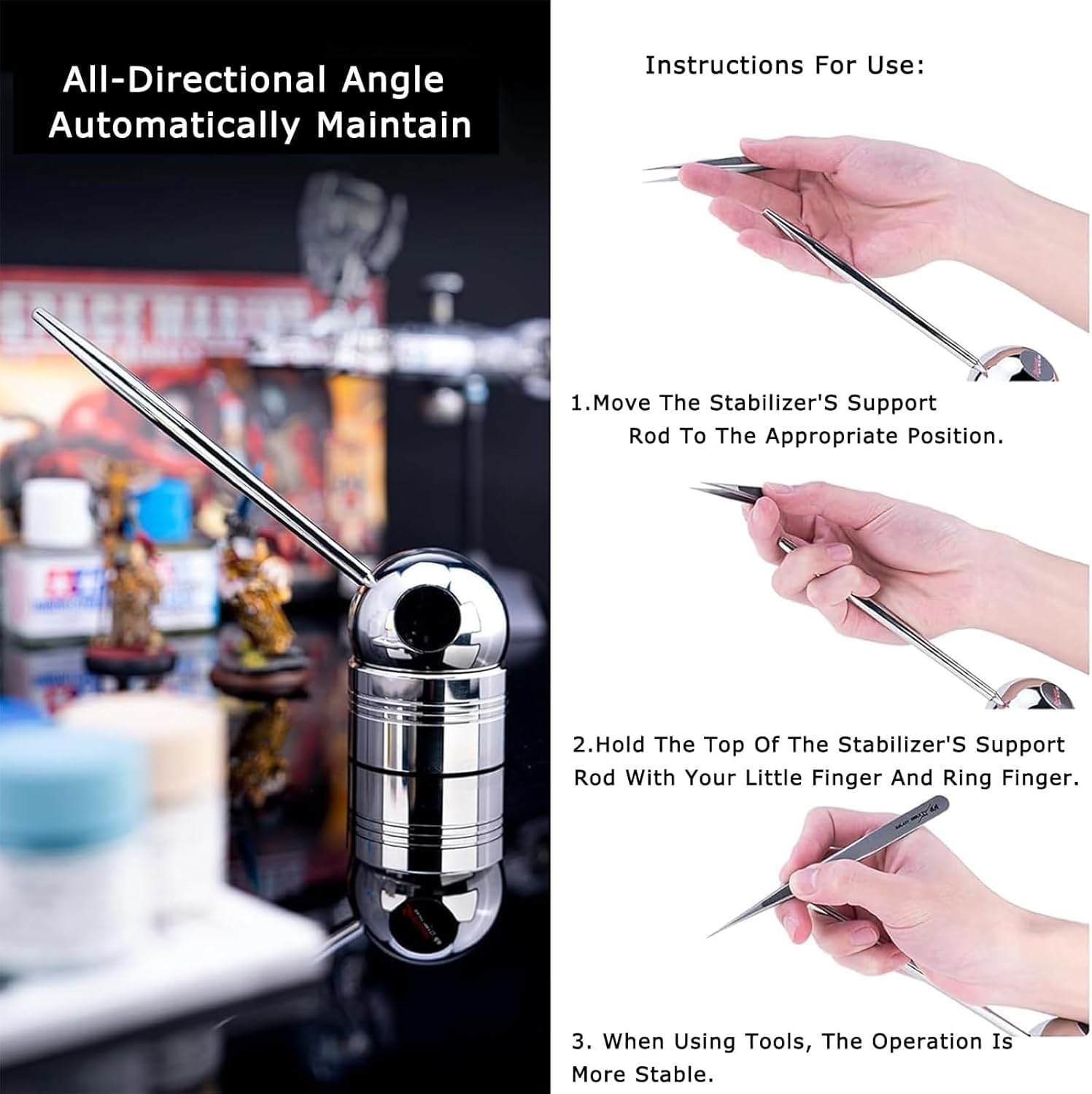Stabilizzatore manuale per modellismo, stabilizzatore portatile per strumenti di modellismo, design in acciaio inossidabile, rotazione orizzontale a 360°, rotazione verticale a 210°, riduzione efficac