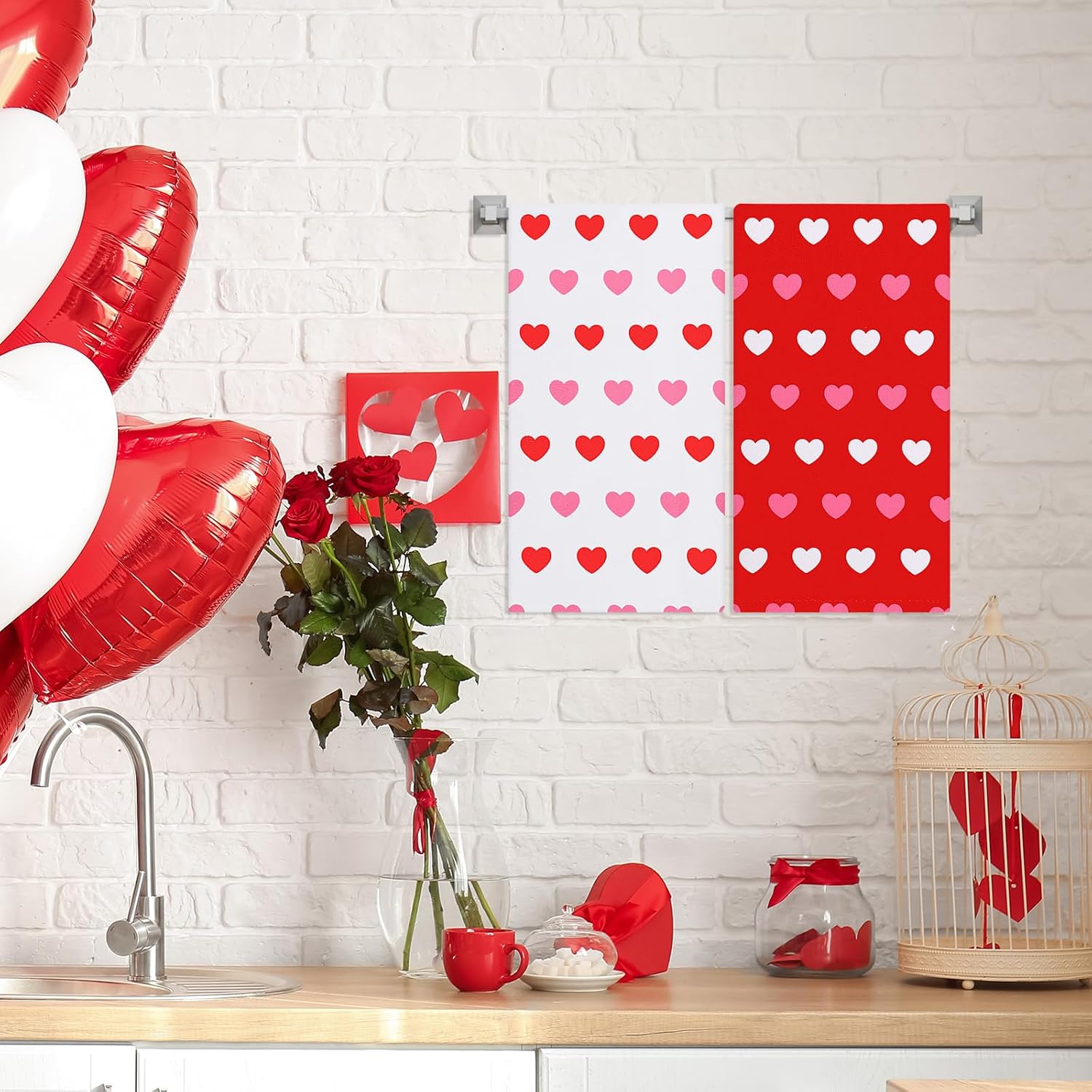 JarThenaAMCS 2Pcs Valentine's Day Hand Towels Romantic Love Heart Cotton Bathroom Towel Red White Dish Towel for Wedding Drying Cleaning Cooking, 13.7 x 29.5 Inch - Image 7