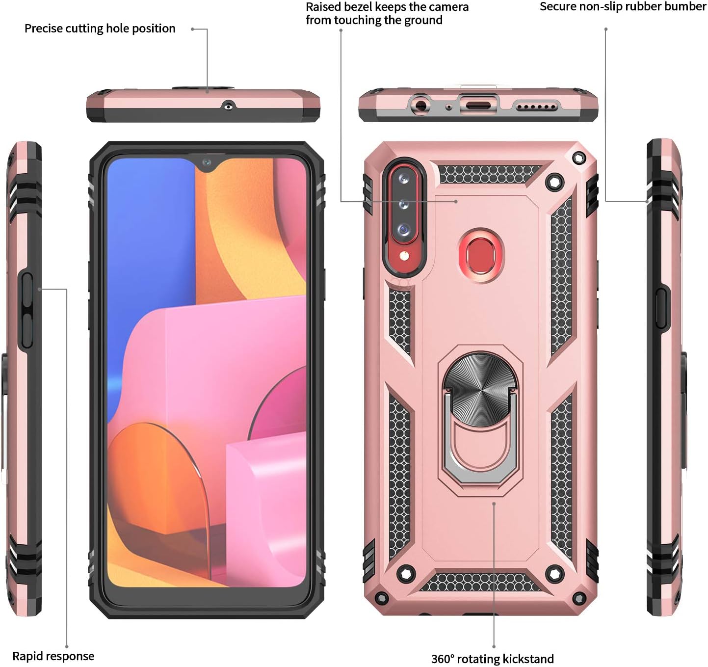 LeYi Samsung Galaxy A20S Case (Not Fit A20) with Tempered Glass Screen Protector [2 Pack], [Military Grade] Defender Protective Phone Case with Car Ring Holder Kickstand for Samsung A20S (Rose Gold)