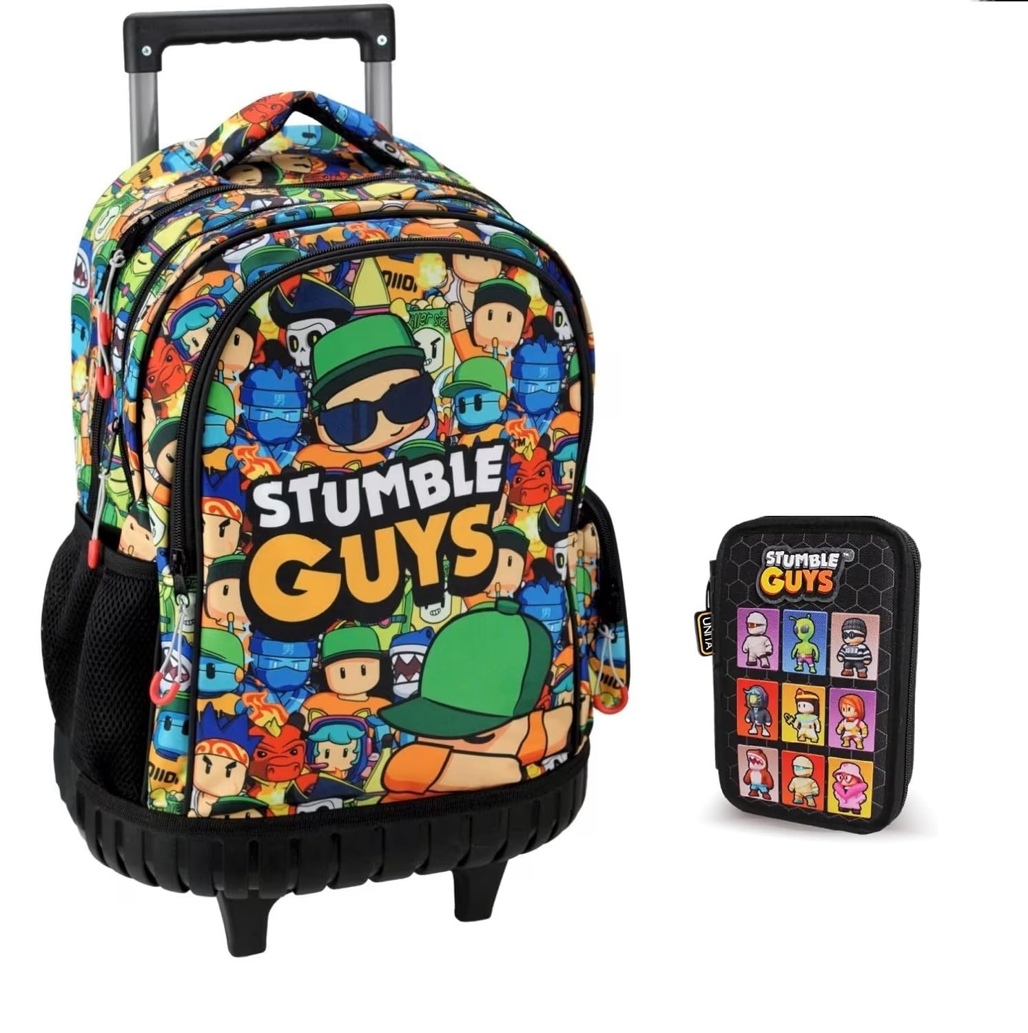 PRESTIGE & DELUXE Trolley Zaino Scuola Stumble Guys Tondo 3 Scomparti zip per bambini primaria media + astuccio 3 piani completo + Set scrittura