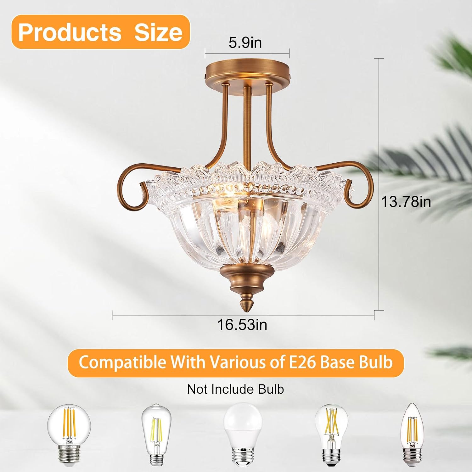 Vintage Brass Ceiling Light 2-Bulb Semi Flush Mount Ceiling Light with Glass for Bedroom Living Room Hallway Close to Ceiling Light Fixture,Bulbs Not Included
