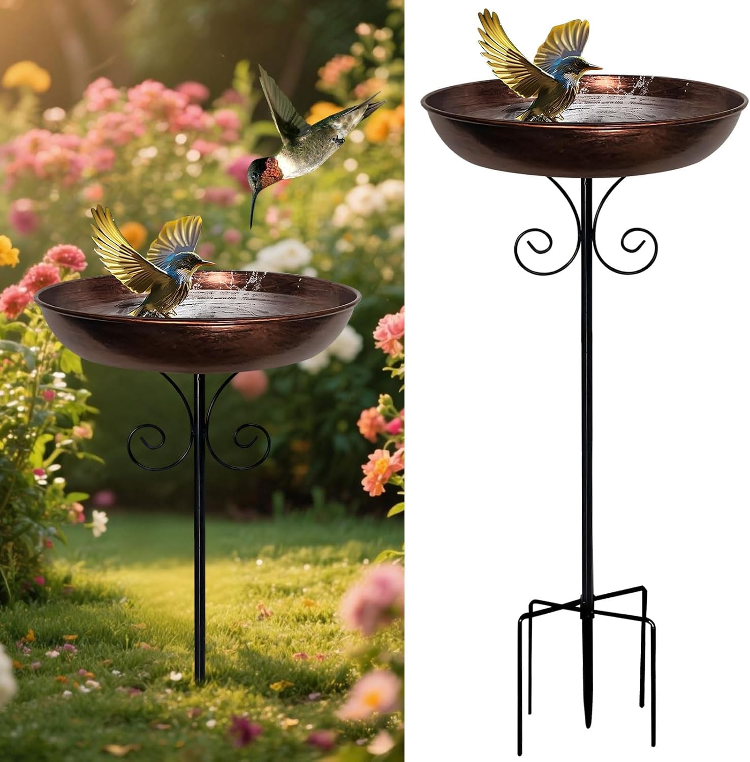 Metal Bird Bath for Garden,Vintage Freestanding Birdbaths Bowl,Free Standing Bird Feeder Bowl with 5 Prongs Base Stake,Detachable Decoration Spa Birdfeeder for Outdoors Garden Patio Yard Lawn (3-81CM)