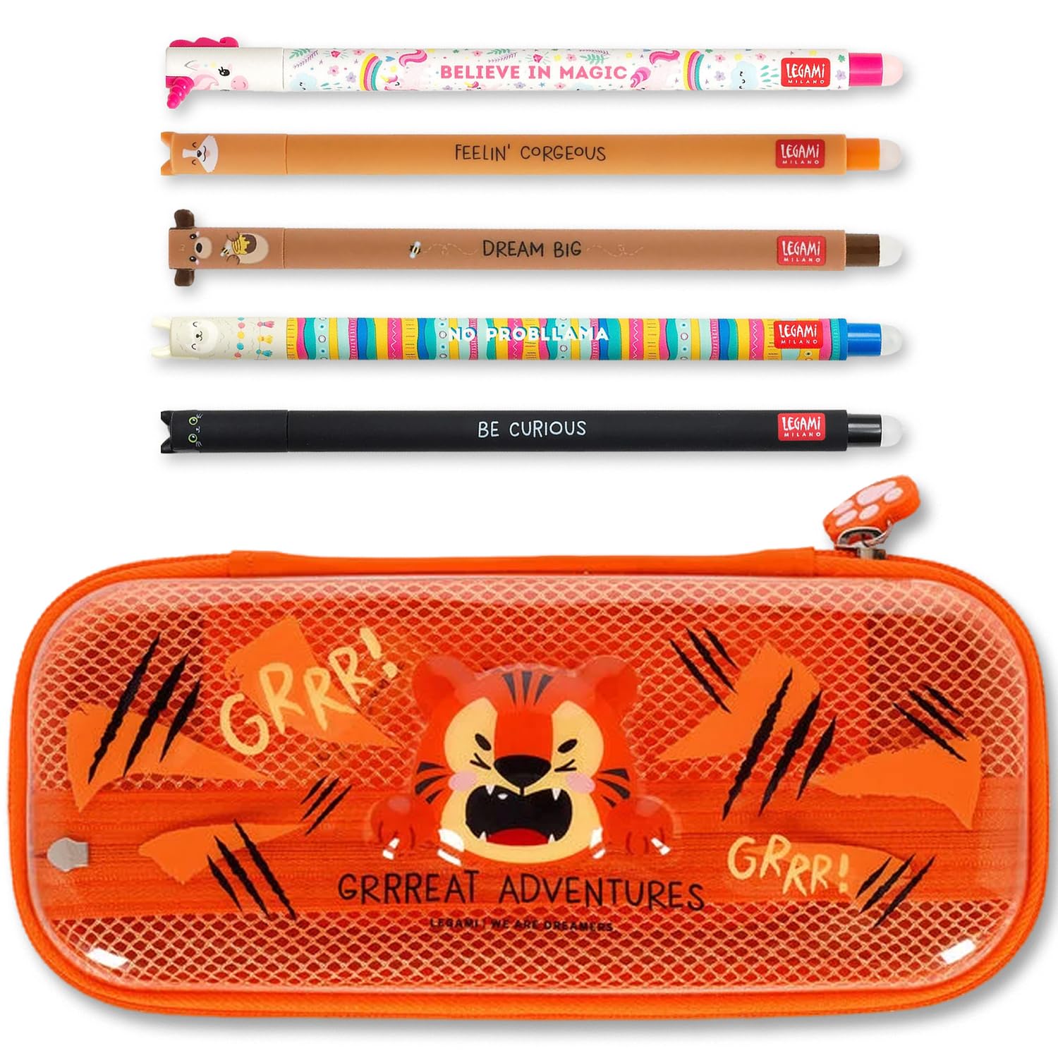 LEGAMI WonderWow Pencil Case & Erasable Pen | Set of 5 Cute Animal Pens with Thermosensitive Ink + 2-Compartment Pencil Case | Back to School Supplies for Girls, Boys, Kids# (Tiger) โ image 1