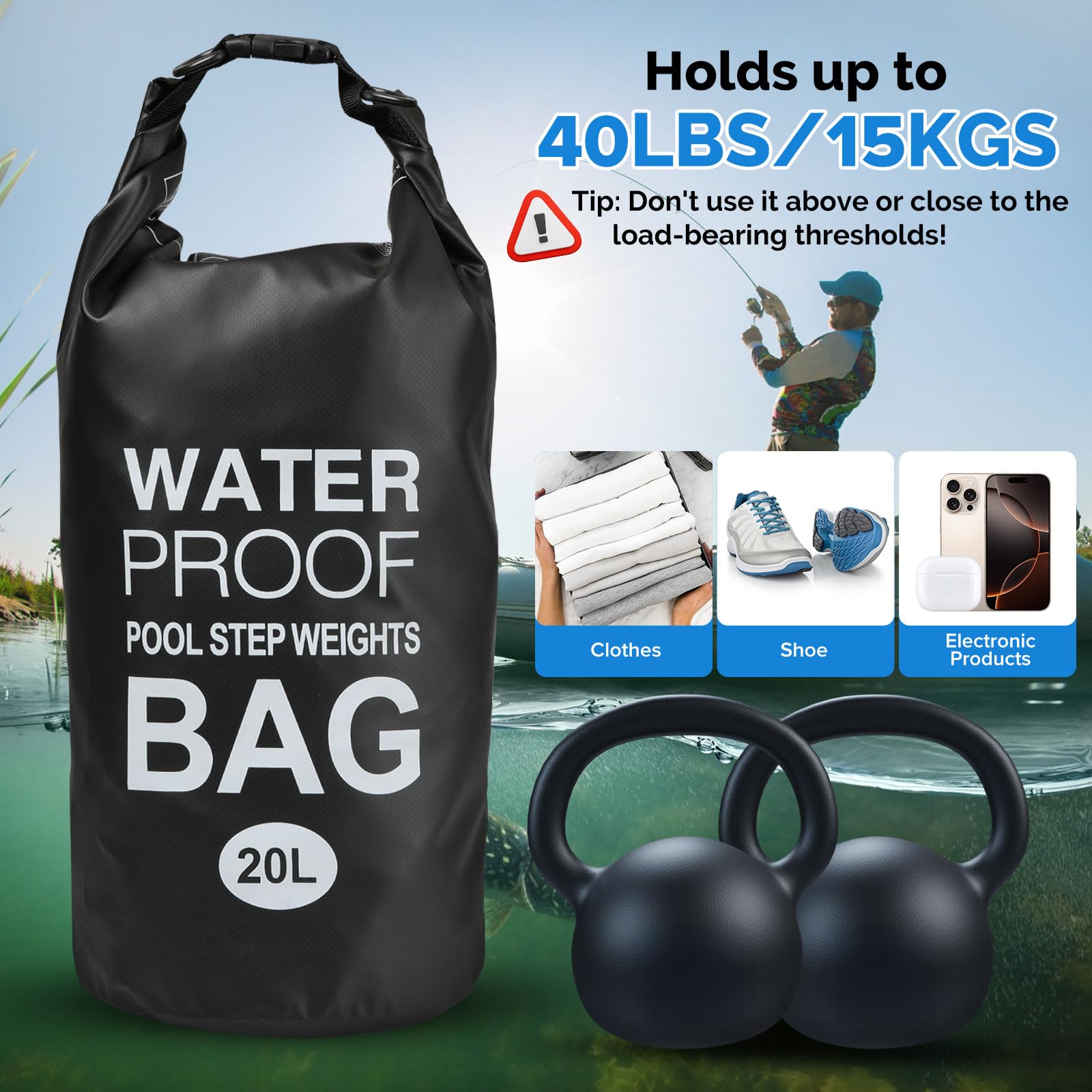 Yeabett Wodoszczelna torba plażowa z regulowanym paskiem na ramię, do pływania, na kemping, do pływania kajakiem, na plażę, czarny, 20L(1-Pack), Wodoszczelne kieszenie