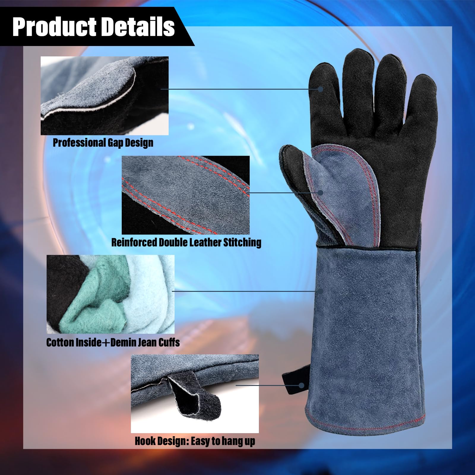 Sahunfri Leather BBQ Gloves, 932°F 500℃ Heat Resistant Gloves with Kevlar Stitching for Women Men Barbecue Welding, Oven - Image 3