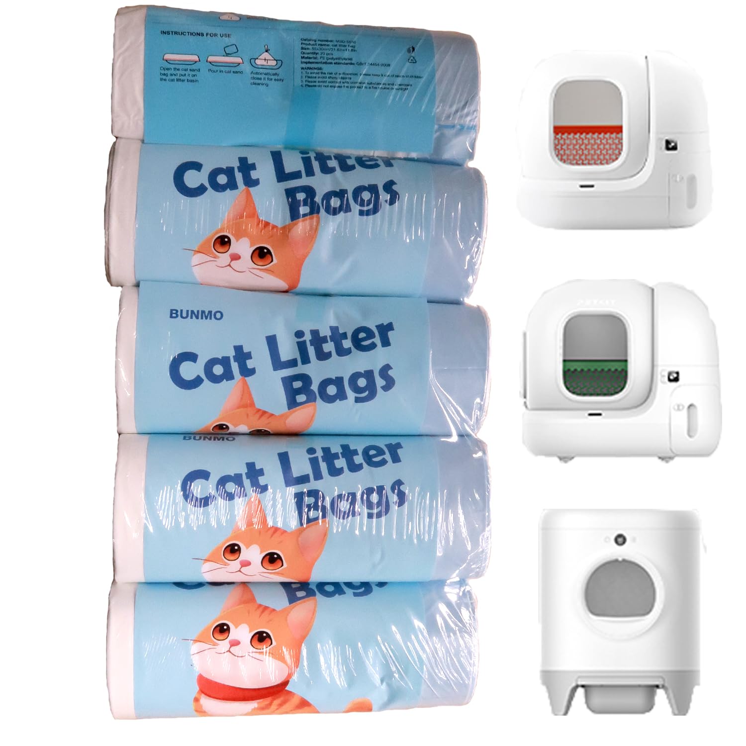 BUNMO Sacchetti per Escrementi per Gatti, Sacchi per Lettiera per PURA Max, PURA Max 2 e PURA X, 5 Rotoli*20 (100 Pezzi), 55 x 30 cm