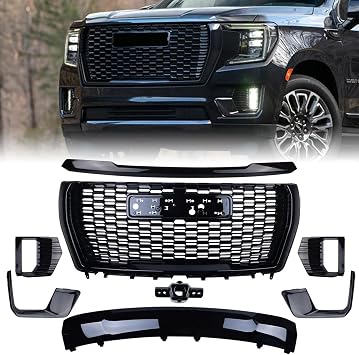 Grille Set 8pcs Compatible with 2021-2024 GMC Yukon/Yukon XL Denali Front Upper Grill Upper Lower Hood Molding Trim Camera bracket Fog Light Bezel Fog Light Covers Gloss Black Kit