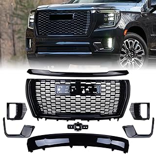 Grille Set 8pcs Compatible with 2021-2024 GMC Yukon/Yukon XL Denali Front Upper Grill Upper Lower Hood Molding Trim Camera bracket Fog Light Bezel Fog Light Covers Gloss Black Kit