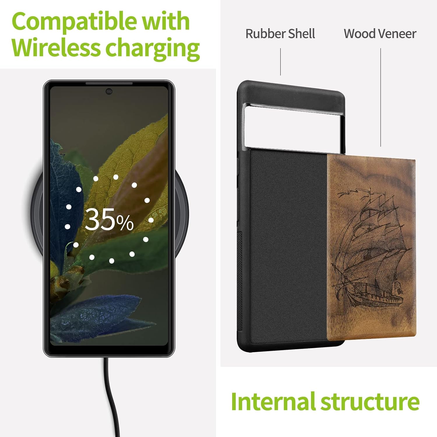 Carveit Wood Case for Pixel 7 Case [Natural Wood & Black Soft TPU] Shockproof Protective Unique & Classy Wooden Cover Compatible with Google Pixel 7 (Pirate Ship-Walnut)