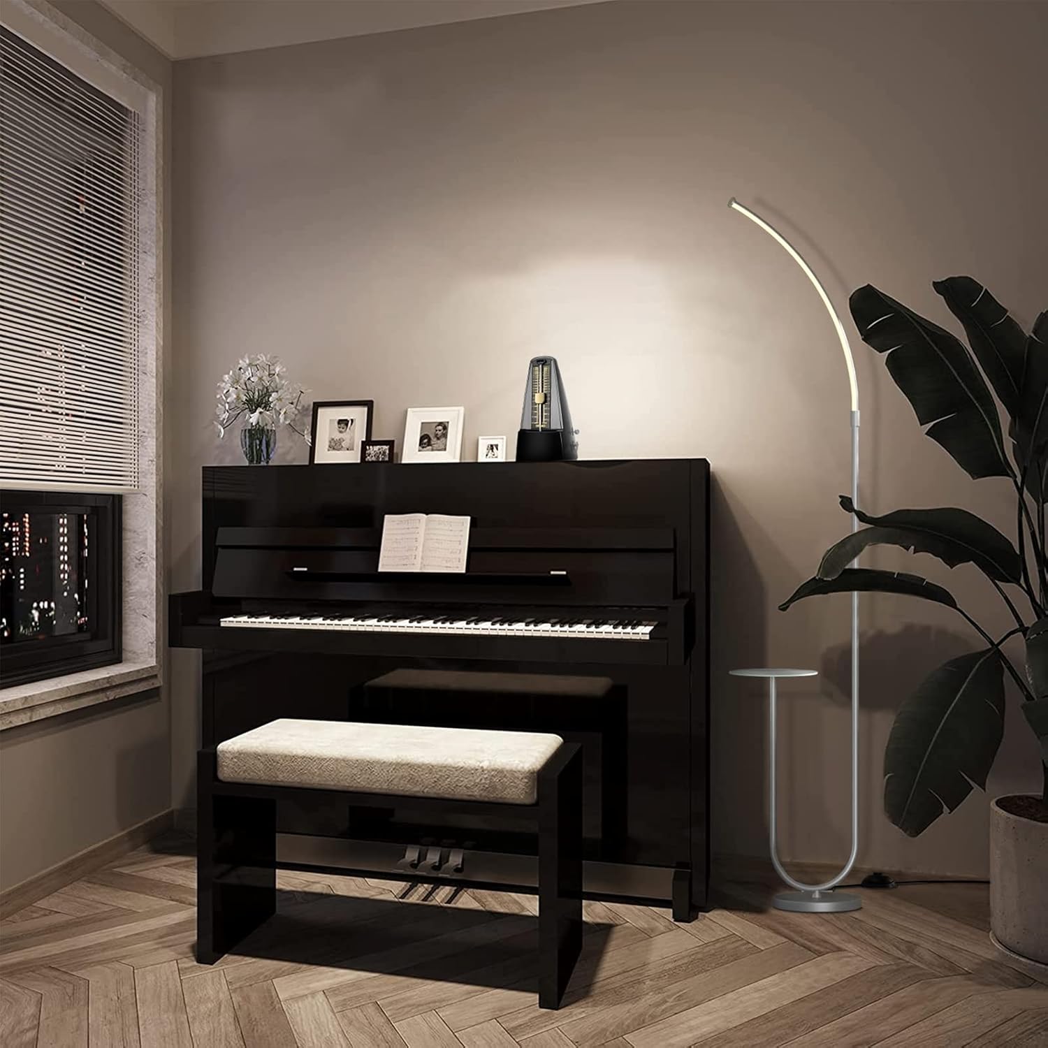 Up To 60% OFF Hykolity Modern LED Arc Floor Lamp with Side Table, Sturdy Base Tall Light Great for Indoor Living Room Bedroom Loft Office Home Decor, Over Coach Sofa Lighting, Silver Grey Lamp with White Tray