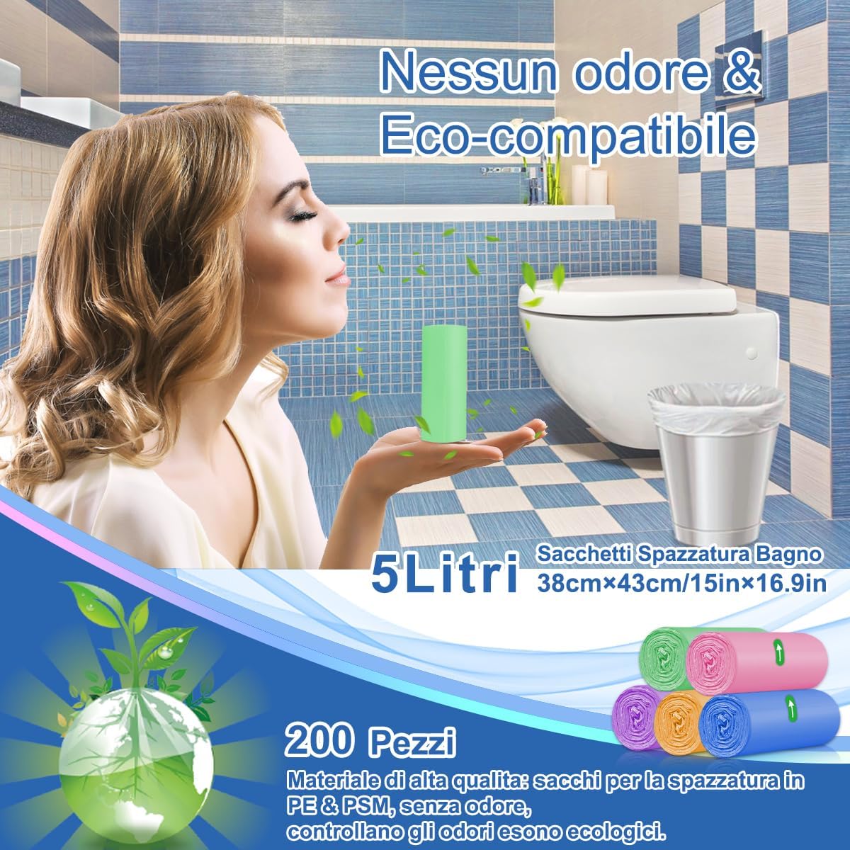 XUXRUS 200 Pezzi Sacchetti Spazzatura Piccoli, Sacchi Immondizia 5 Litri 38x43cm, Anti-Perdite, Senza Odore, Ultraresistenti per Cucina, Soggiorno, Ufficio (Colorato)
