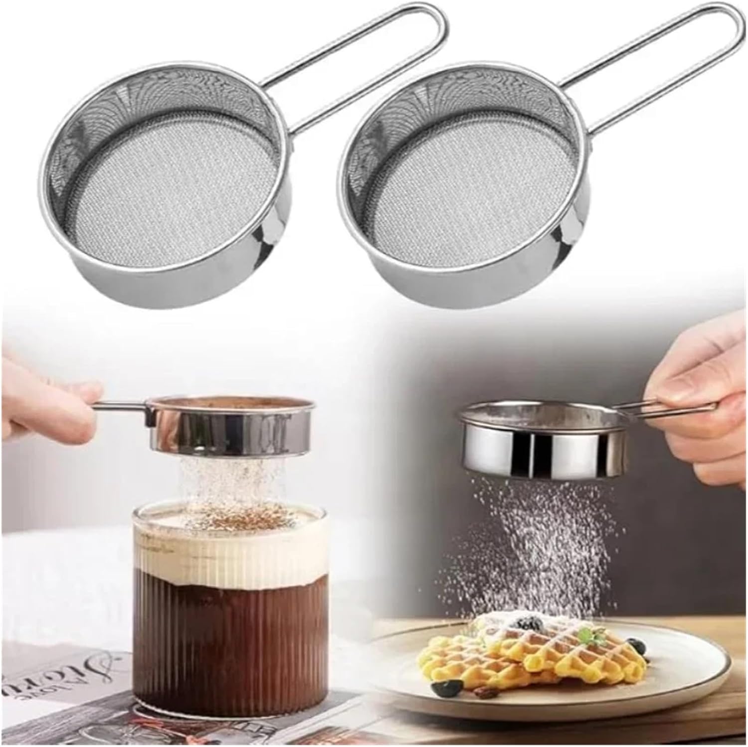 Flour Sifter For Baking, Powdered Sugar Shaker Duster With Handle, Stainless Steel Tools Dusting Sieve(2Pcs)