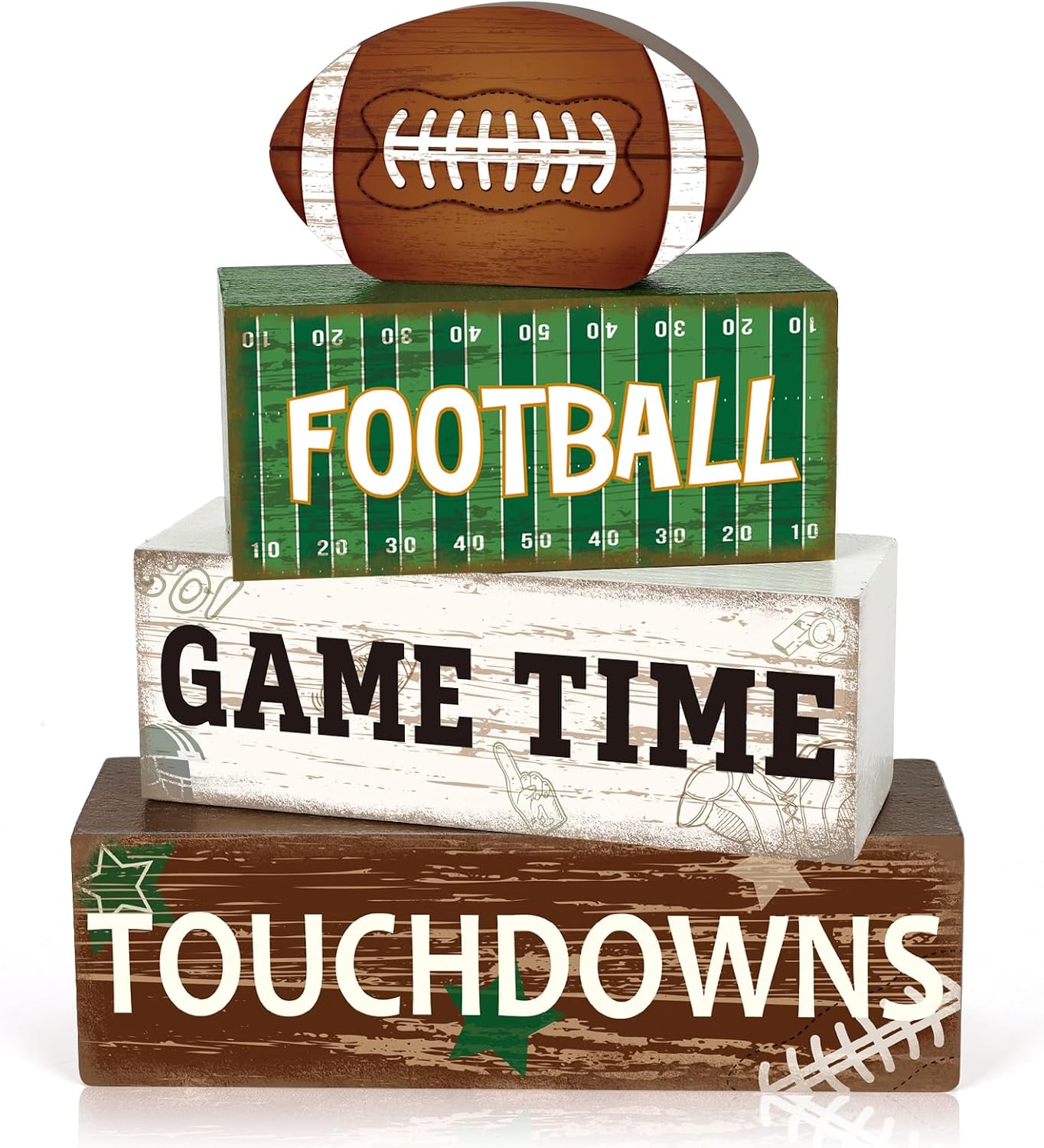4Pcs Football Decorations for Home Wooden Football Tiered Tray Decor Fall Football Blocks Sign Game Time Touchdowns Centerpiece for Table Shelf Desk Tailgate Birthday Party Decor