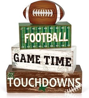 4Pcs Football Decorations for Home Wooden Football Tiered Tray Decor Fall Football Blocks Sign Game Time Touchdowns Centerpiece for Table Shelf Desk Tailgate Birthday Party Decor