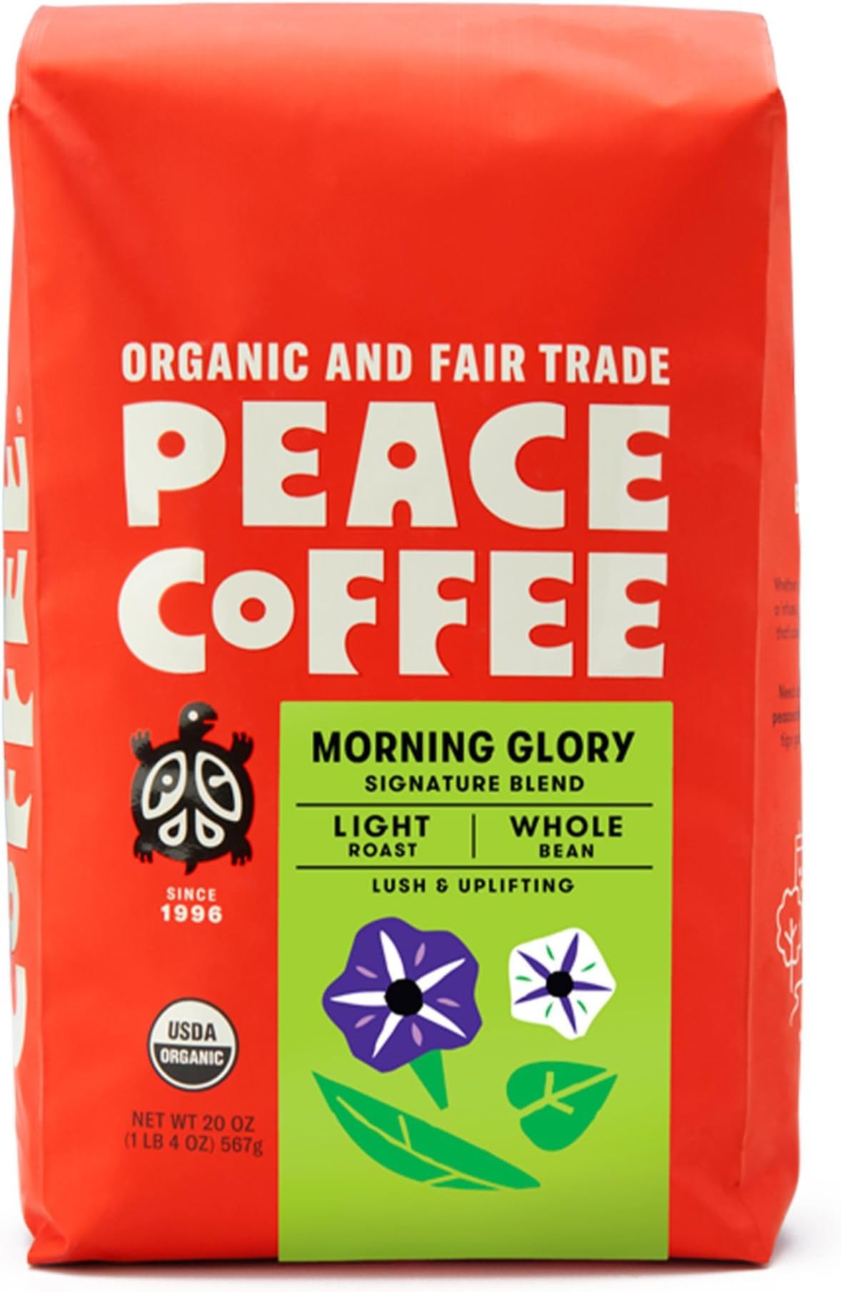 Peace Coffee Morning Glory Signature Blend | 20 oz Whole Bean Light Roast | Organic Fair Trade | Smooth, Mild Flavor | Shade Grown, Fresh Roasted