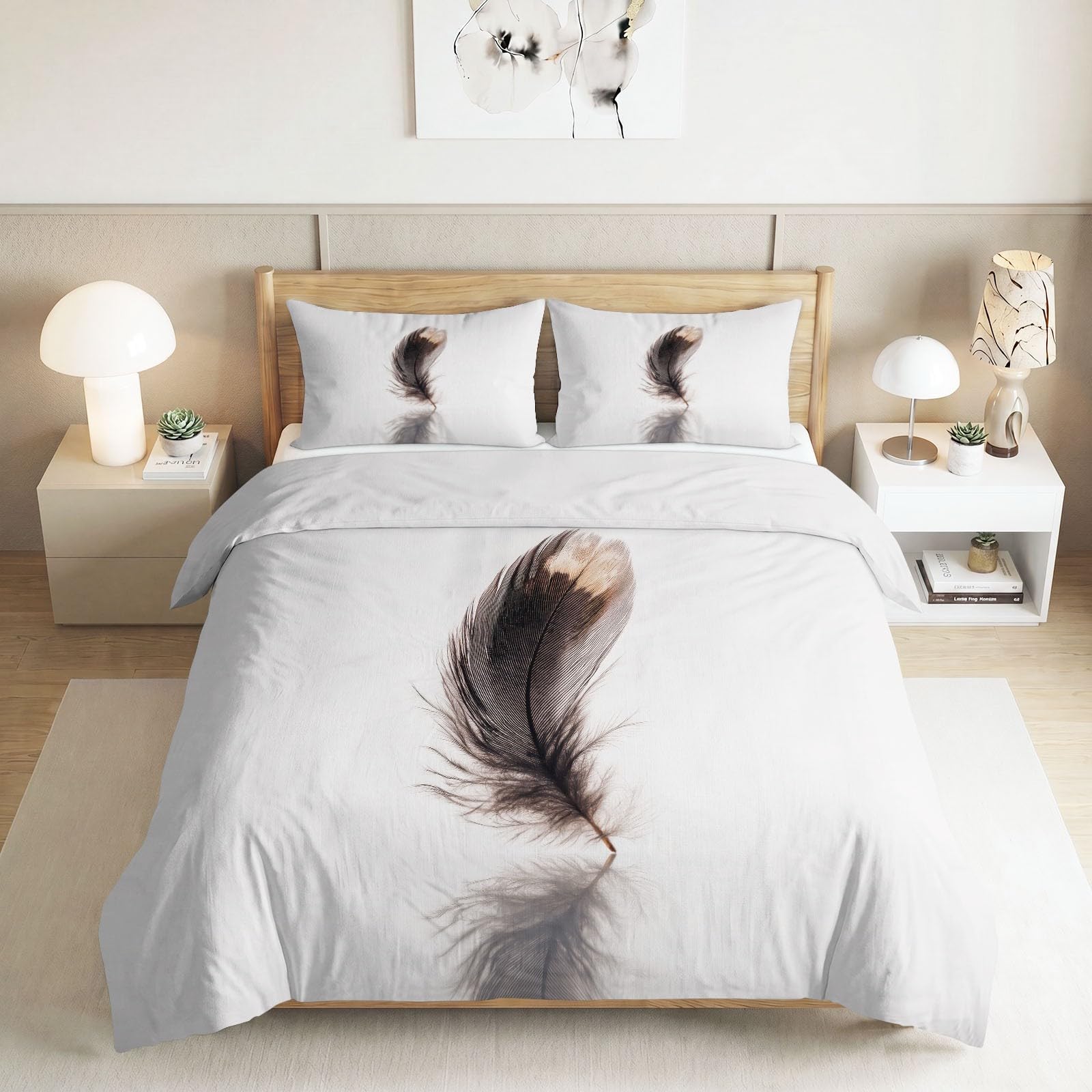 Biancheria da letto, 240 x 220 cm, motivo animali, piume, texture minimalista, stampa 3D, facile manutenzione, 3 pezzi, in poliestere e cotone, con chiusura lampo, adatto per persone allergiche