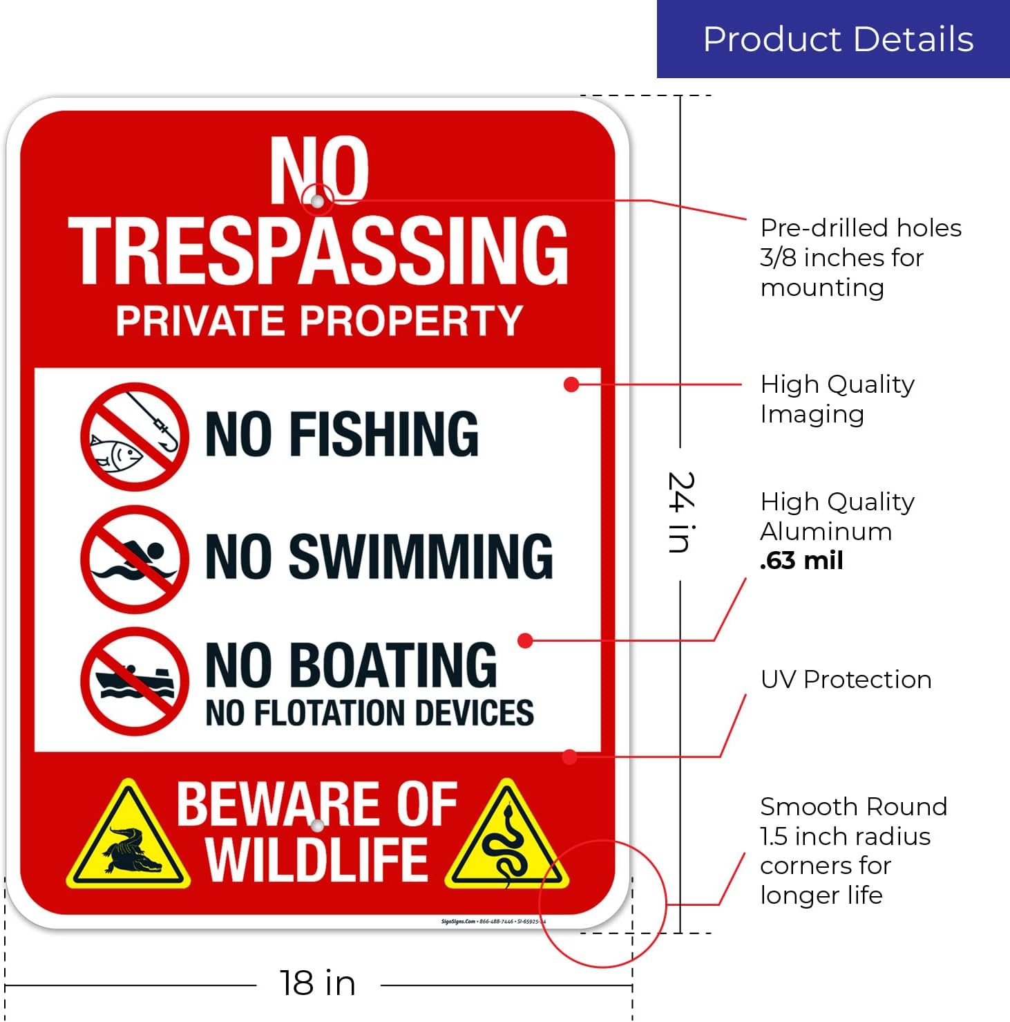 No Trespassing Private Property No Fishing No Swimming No Boating Beware of Wildlife Sign, 18x24 Inches, Rust Free .063 Aluminum, Fade Resistant, Made in USA