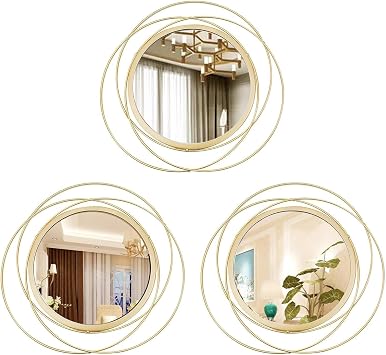 3 Set Round Mirrors for Wall Decor Living Room Bedroom Bathroom Dining Room Metal Circle Mirror Set Boho Decorative Sunburst Wall Art Accent Entryway - Gold 9.5 in