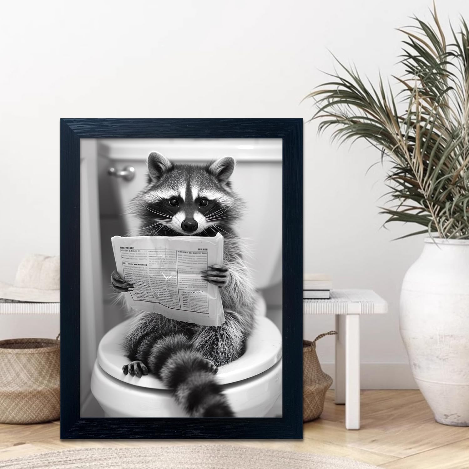 Raccoon Bathroom Wall Art Decor Black and White Funny Animal Wall Decor Cute Raccoon on Toilet Canvas Picture Farmhouse Prints Painting Framed Kids Room Decoration