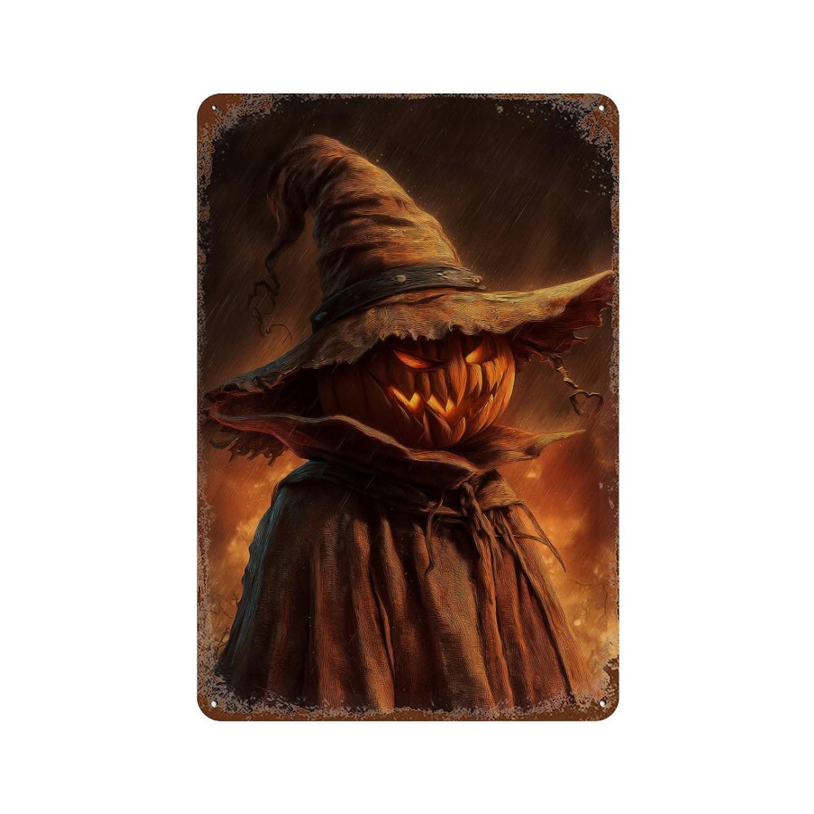 Decorative Tin Sign with Halloween Pumpkin Scarecrow Art Print Design 11.8"x7.9", for Basement, Hobby Room And Garage Decor, Farmhouse Wall Decor