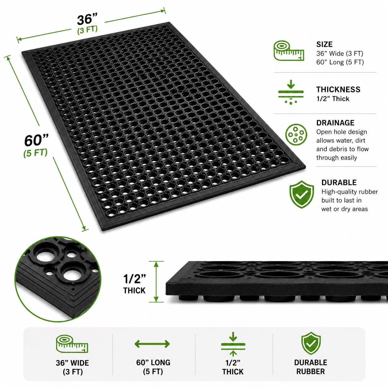 UNIMAT-Anti-Fatigue Outdoor Rubber Drainage with Non-Slip Backing Heavy Duty Mat for Restaurant Industrial Use-3'x 5' Black Mat-Ideal Bar Accessory — Amazon image 7