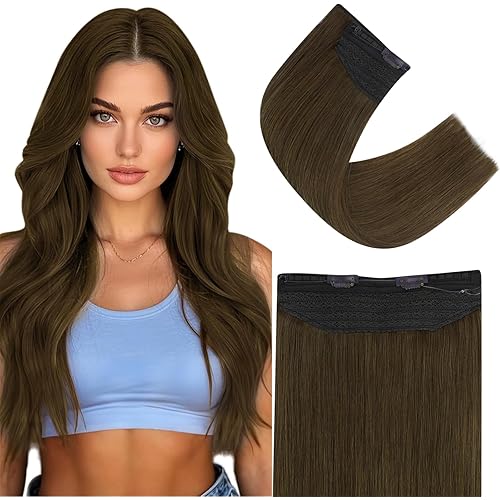 Easyouth Wire Hair Extensions Brown Wire Human Hair Extension Medium Brown Fish Line Hair Extensions Short Hair Wire Extensions Lightweight and Breathable 12Inch 70G