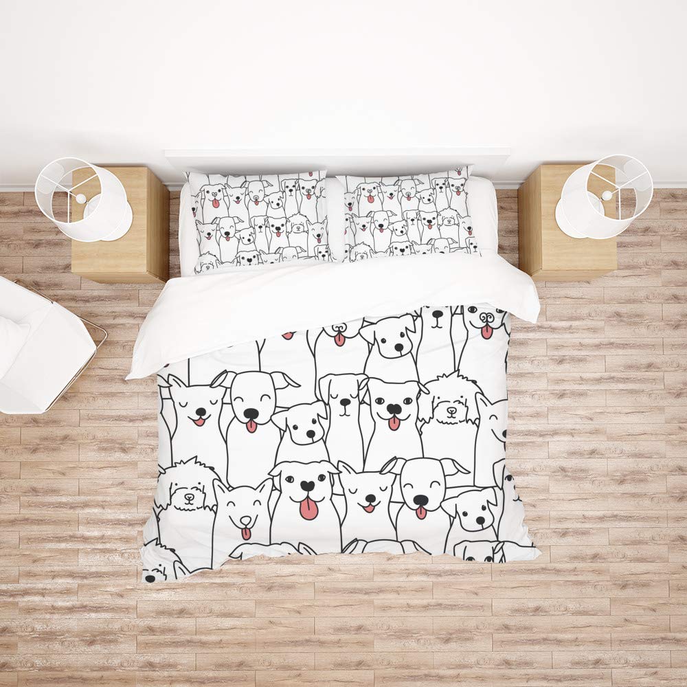 Funda de edredón de 3 piezas sin arrugas con diseño de perros dibujados a mano lavable
