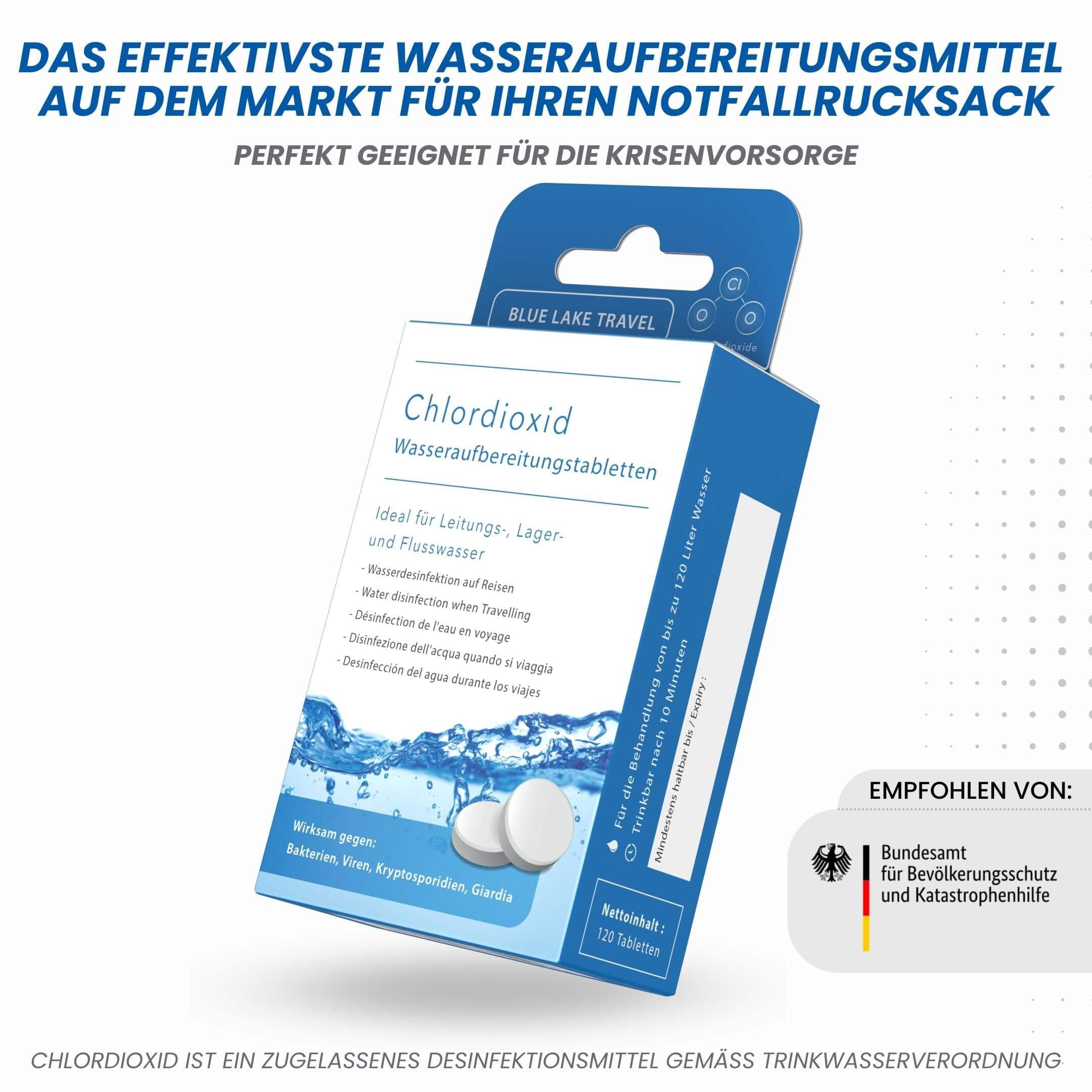 Blue Lake Travel Wasseraufbereitung Trinkwasser (4x30 Tabletten) - Wasserentkeimung & Trinkwasseraufbereitung - Chlordioxid Tabletten - Blackout Notfallrucksack - Notfall Ausrüstung
