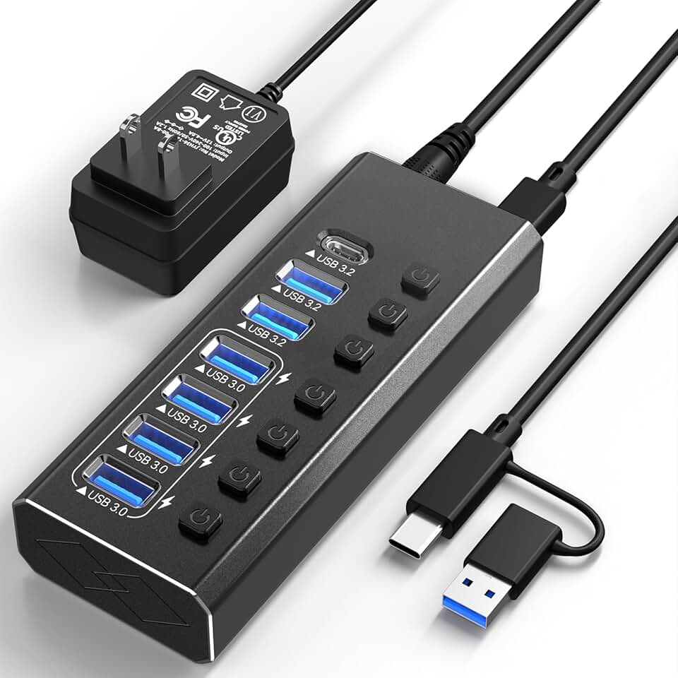 Hub USB 3.2 alimentado, hub Leinsis 7 portas USB 3.0 [alumínio durável] 7 portas de transferência de dados + 4 portas de carregamento inteligentes com interruptores liga/desliga individuais, hub USB