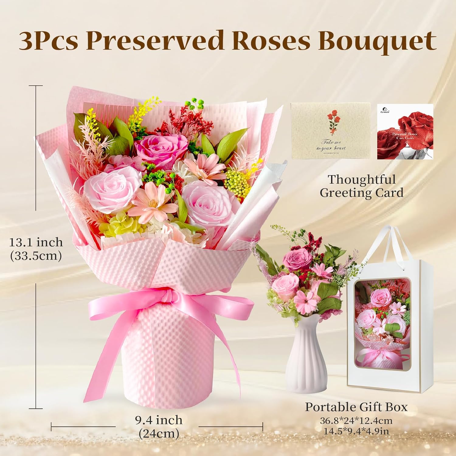 Preserved Flowers Bouquet with Vase Pink Real Roses, Last 1-3 Years Forever Roses, Eternal Flowers Valentine's Day Gifts for Her Women Wife,Mother Day Gift - Image 2