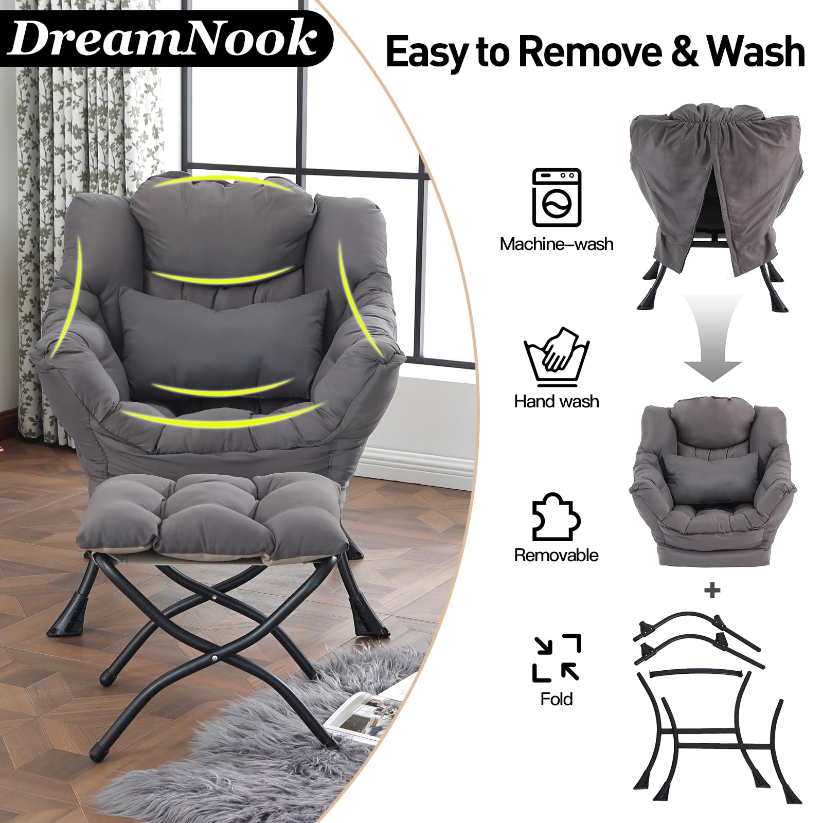 Silla perezosa con otomana, silla decorativa moderna con almohada lumbar, sillas cómodas con reposapiés plegable para dormitorio, lectura, sillas de descanso de apoyo de gran tamaño (gris 6