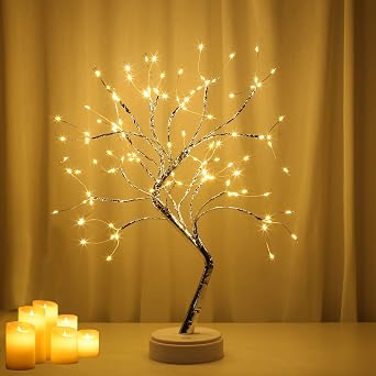 Lxcom Lighting LED Branch Lights 108 LEDs New Silver Copper Wire Tree Branches LED Bonsai Table Tree Lighted USB Battery Operated with Touch Switch Decorative Desk Lamp for Home Decor, Warm White