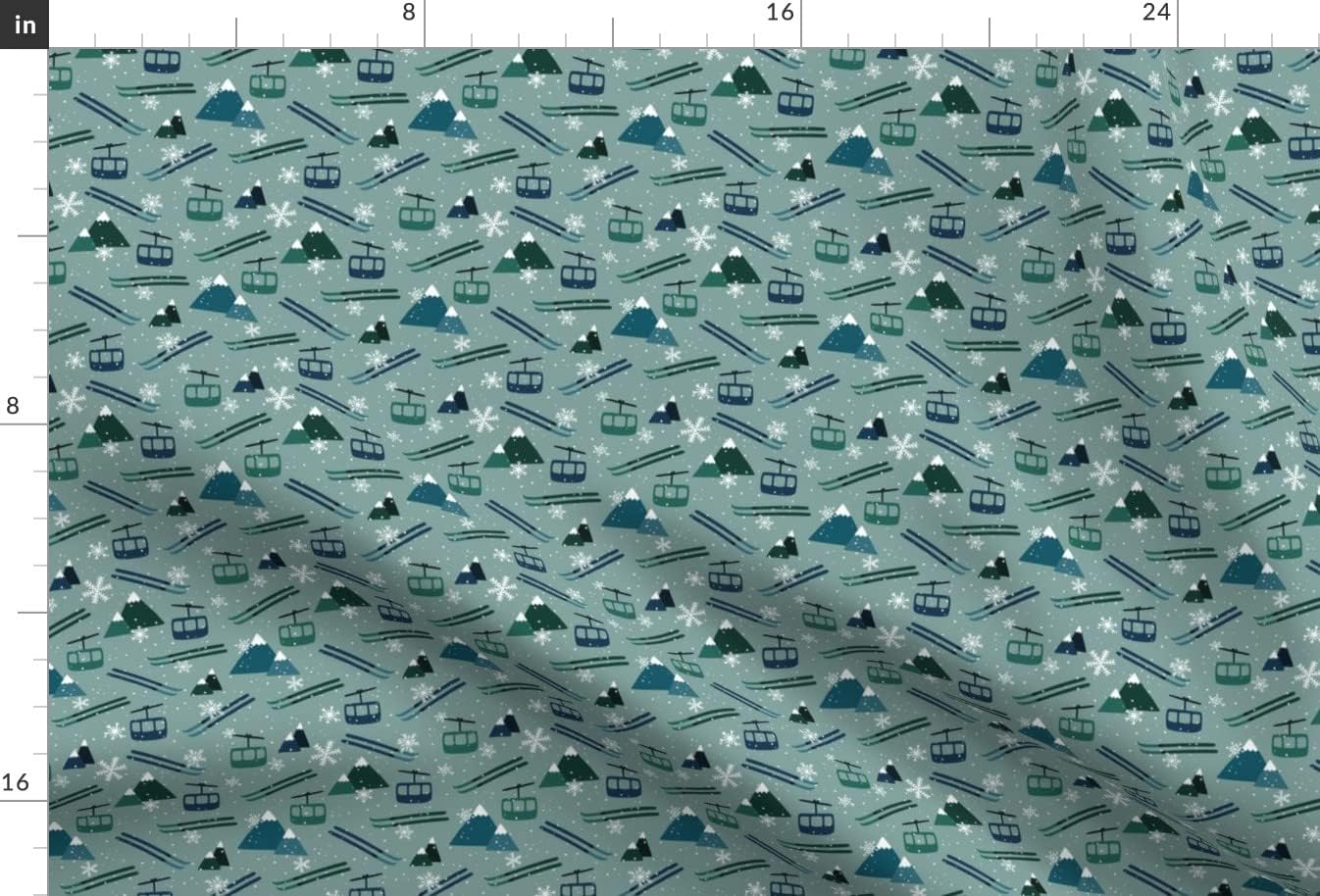 Spoonflower Fabric - Winter Mountains Ski Snowflake Blue Green Handdrawn Printed on Upholstery Velvet Fabric Fat Quarter - Upholstery Home Decor Bottomweight Apparel