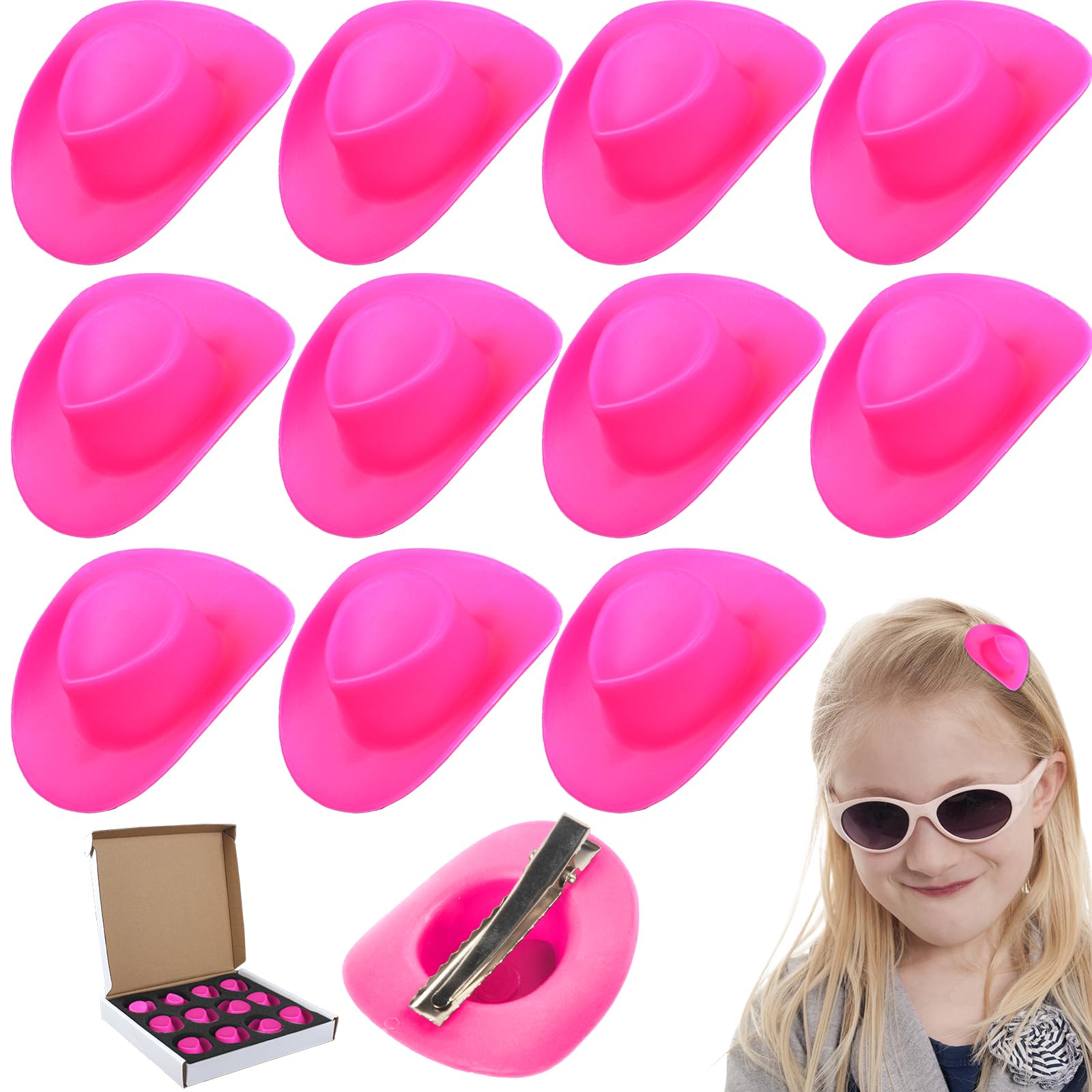 Tkifoda 12 Pcs Mini Cowboy & Cowgirl Hat Hair Clips - Pink Tiny Plastic Hat Clips