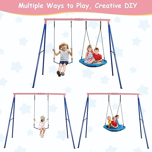 Miniatura 7 de Columpios para exteriores para niños, 440 libras, soporte de columpio de metal resistente con marco en A, 1 platillo y 1 asiento de columpio para