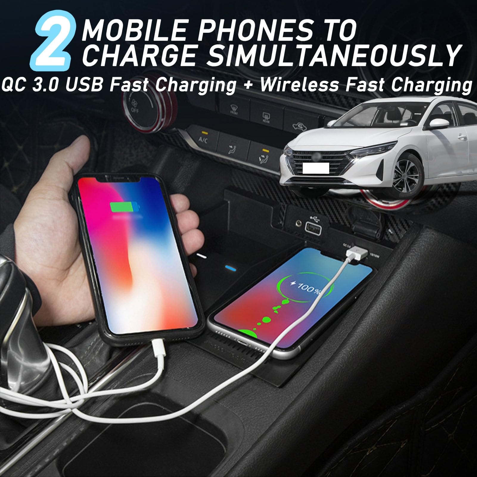 CenNa Caricabatteria per Auto Wireless per Ni-ssan Sentra (2020-2023) Accessorio per Tutti I Modelli con Ricarica Wireless da 15 W E Ricarica USB Qc3.0, Regalo per La Famiglia