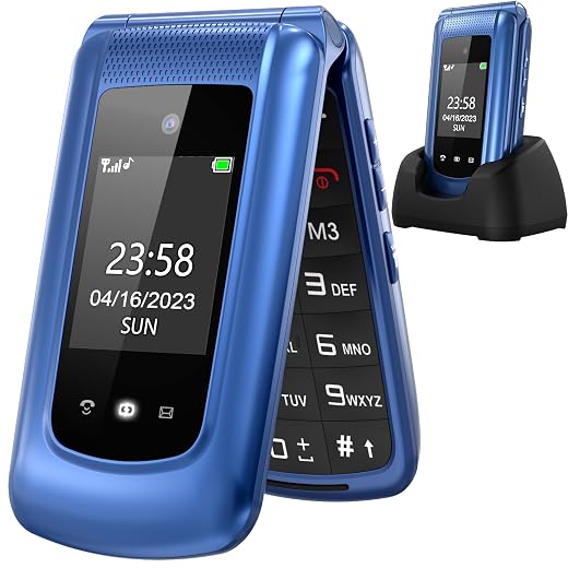 uleway Simlock Free Senior Cell Phone Folding Mobile Phone Without Subscription, GSM Large Keys Mobile Phone SOS Emergency Call Function, Flashlight, FM Radio, 2.4 Inch Dual Display Simple Mobile Phone for Seniors (Blue, with Charging Station)