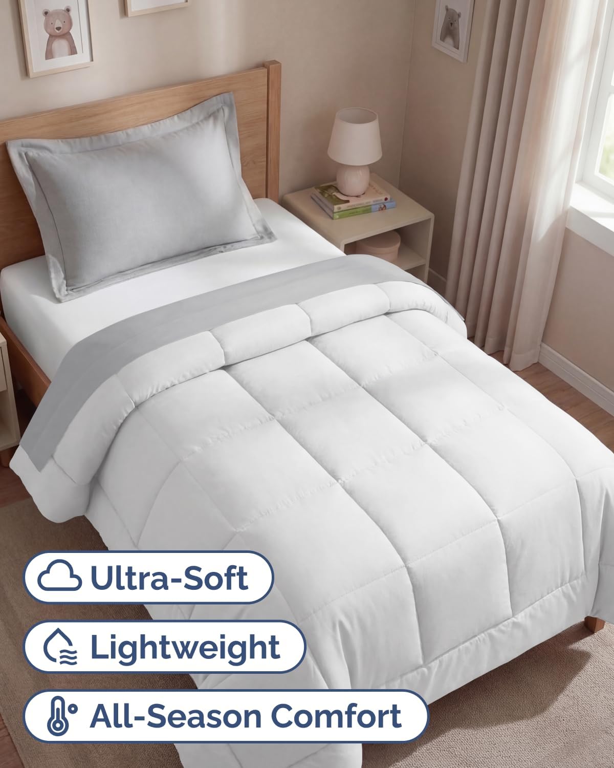 Comforter Twin Size - Down Alternative Duvet Insert - White, 68" x 88" | Soft & Comfy, Quilted White Comforter with Corner Tabs, Box Stitched Down Alternative Bedding for Men, Women, Kids & Teens