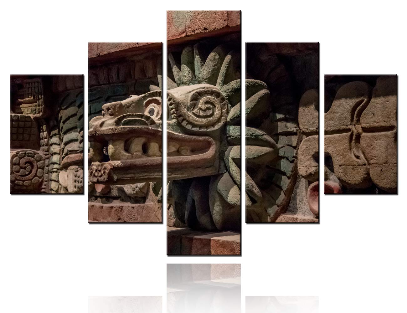 Aztec Decor for Home Mayan Serpent God Pictures Religion Symbol Paintings Git 5 Piece Canvas Wall Art HD Prints Abstract Artwork Gallery-Wrapped Framed Ready to Hang in Living Room(60''W x 40''H)