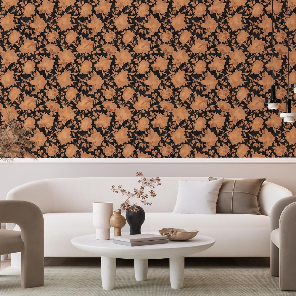 Tempaper Metallic Copper & Black Silhouette Removable Peel and Stick Floral Wallpaper, 20.5 in X 16.5 ft, Made in The USA