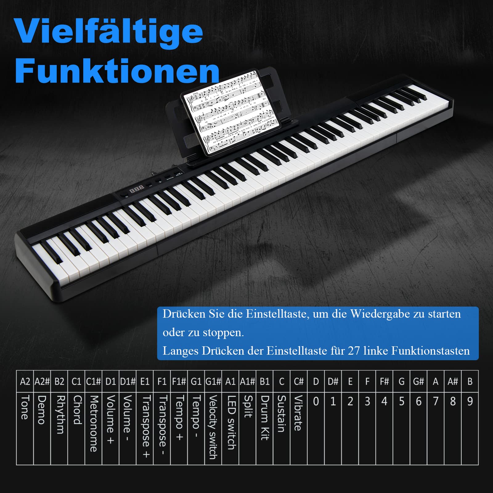 DREAMADE Digital Piano 88 Tasten, Tragbares Keyboard mit Subtain Pedal & 2 Musiknotenhaltern, E Piano für Kinder und Erwachsene