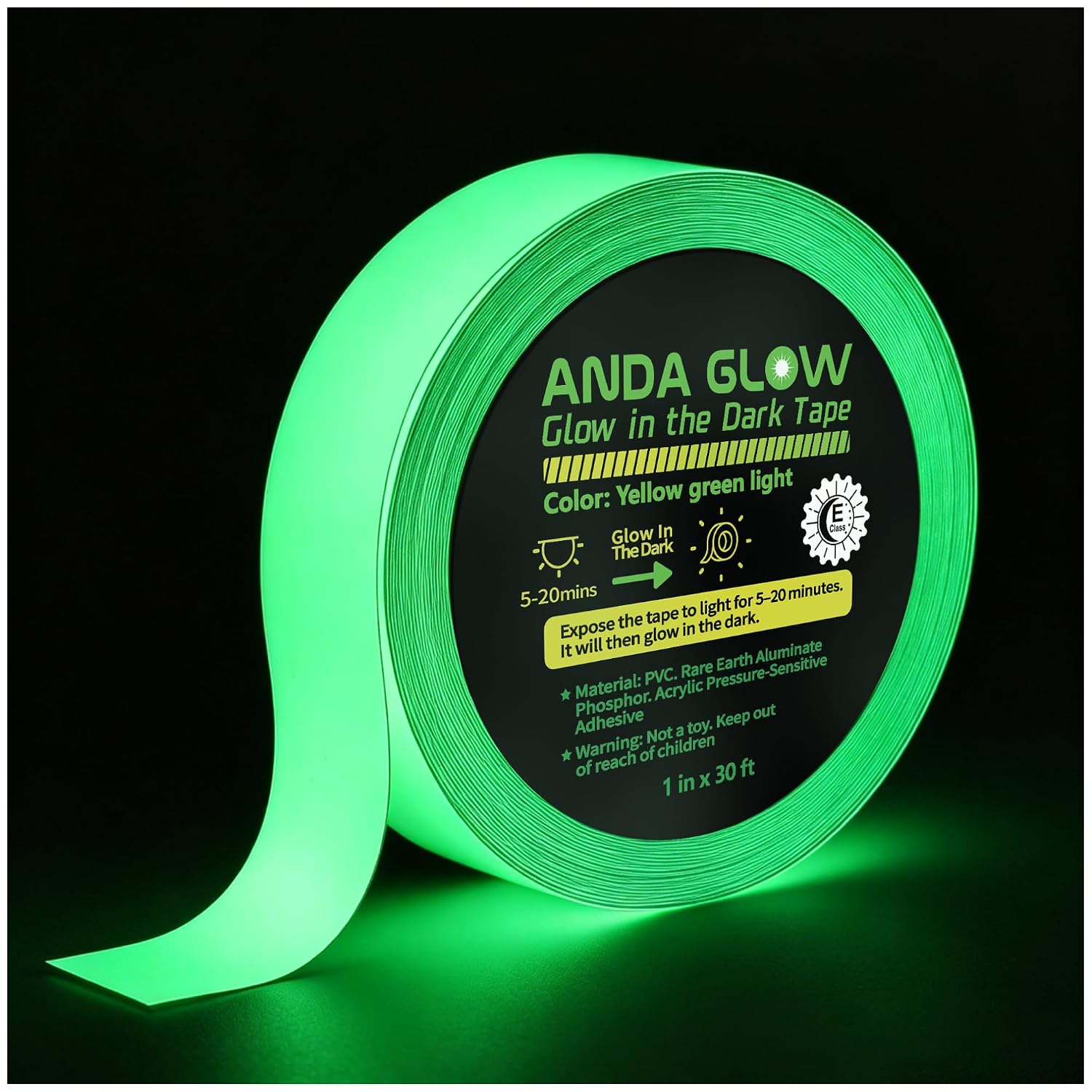 High Brightness Glow in the Dark Tape for Safety Marking, Art Craft DIY, Halloween Deco and Party Accessories. Non-Toxic Adhesive, Waterproof Rechargeable Luminous Tape (1 in X 30 ft)